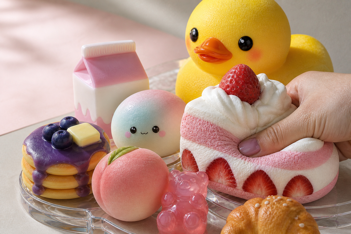 Assorted dessert and mochi squishy toys being squeezed on a pastel studio set